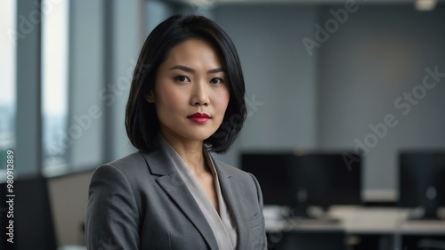 adult black hair east asian woman in gray formal attire model portrait looking confident on an office background for ad concept space for text Free Download adult black hair east asian woman in gray formal attire model portrait looking confident on an office background for ad concept space for text - GFXLoad