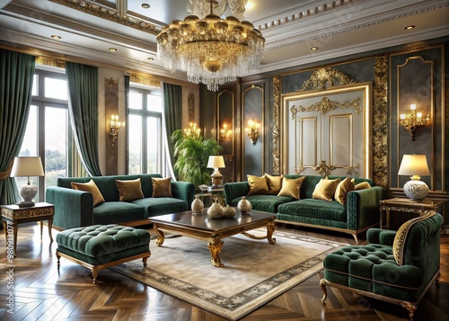 Luxurious living room interior with ornate gold accents, lavish velvet sofas, and statement chandeliers, exuding photo