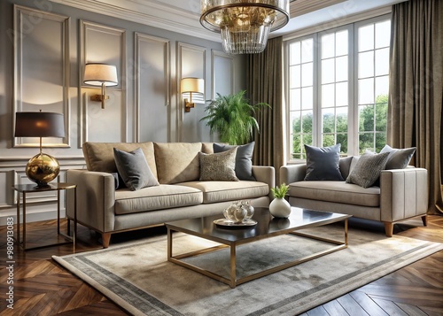 Luxurious living room features sleek sofa upholstered in rich velvety fabric, paired with coordinating throw pillows photo