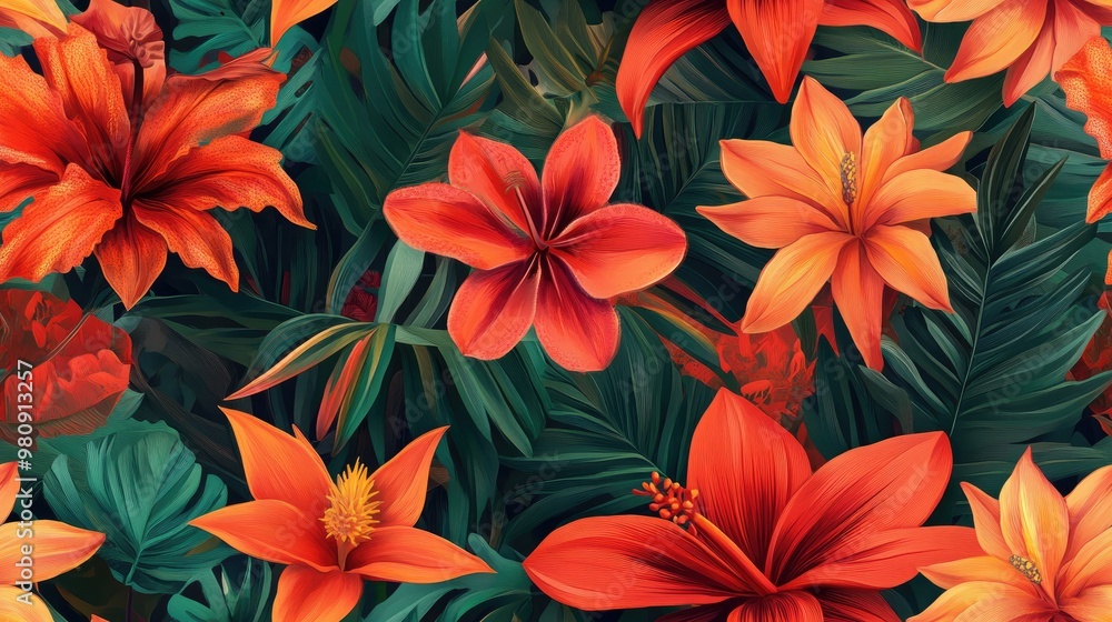Red amaryllis orange strelitzia orange daylily pink rose illustration Seamless background pattern featuring floral botanical elements and isolated wild leaves Exotic tropical foliage Red amaryllis orange strelitzia orange daylily pink rose illustration Seamless background pattern featuring floral botanical elements and isolated wild leaves Exotic tropical foliage