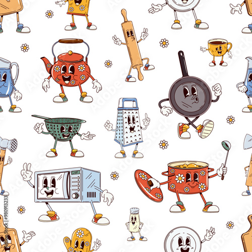 Groovy kitchenware, dishware and utensil characters pattern. Vector playful tile background with cartoon teapot, frying pan, grater and rolling pin kitchen appliances, personages with cheerful faces