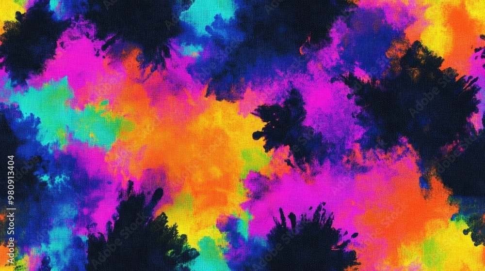 Fototapeta premium Ink Black Patch Multi Color Rainbow Blot Neon Tie Dye Repeat Geometric Gradient Seamless Brush Neon Ink Texture Boho Tie Dye Seamless Flower Modern Watercolor Fabric Texture Abstract Wash Spot