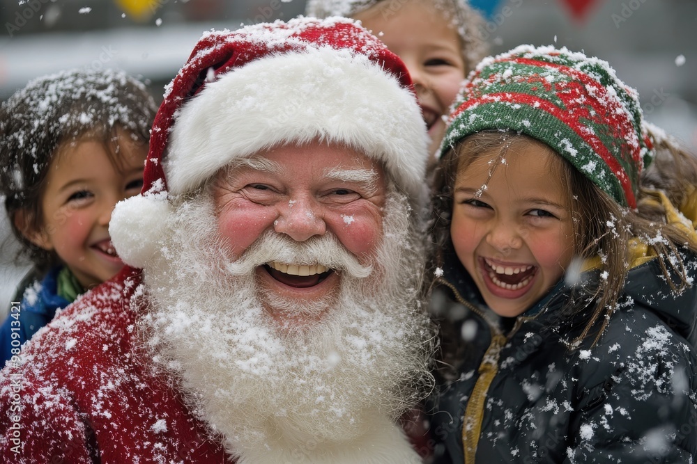 Santa Claus, his laughter echoing in the air, celebrates with children in a snow-laden scene, exuding an atmosphere of festive joy and warmth. Santa Claus, his laughter echoing in the air, celebrates with children in a snow-laden scene, exuding an atmosphere of festive joy and warmth.