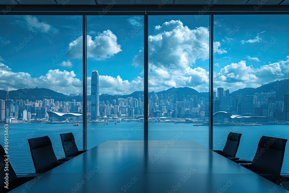 Fototapeta premium cityscape of hong kong in blue cloud sky from empty office