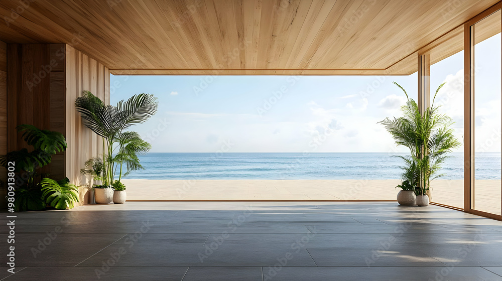 Fototapeta premium Modern Minimalist Beach House Interior Design 3D Illustration