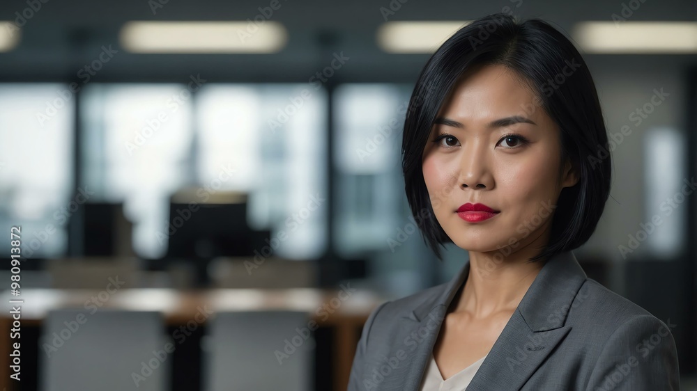 Naklejka premium adult black hair asian woman in gray formal attire model portrait looking confident on an office background for ad concept space for text