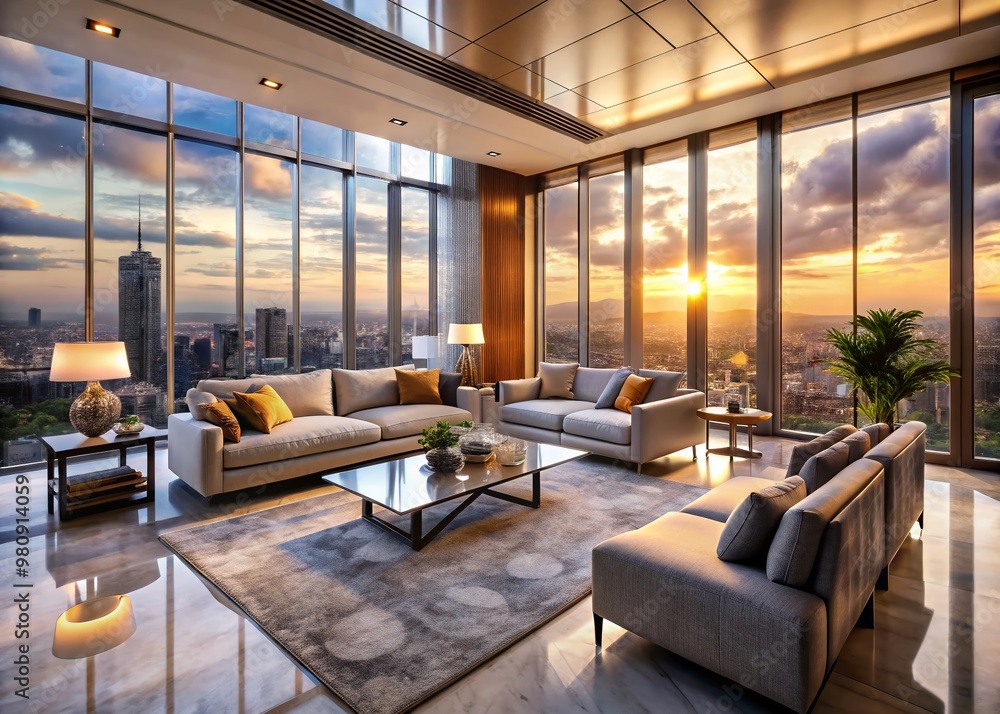 Fototapeta premium Luxurious modern living room with sleek furniture, marble accents, and floor-to-ceiling windows showcasing a stunning