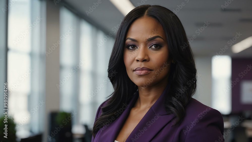 Naklejka premium adult black hair american woman in purple formal attire model portrait looking confident on an office background for ad concept space for text