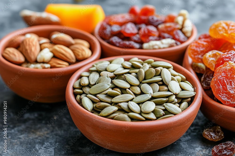 Fototapeta premium autumn snack mix with pumpkin seeds, raisins, and almond