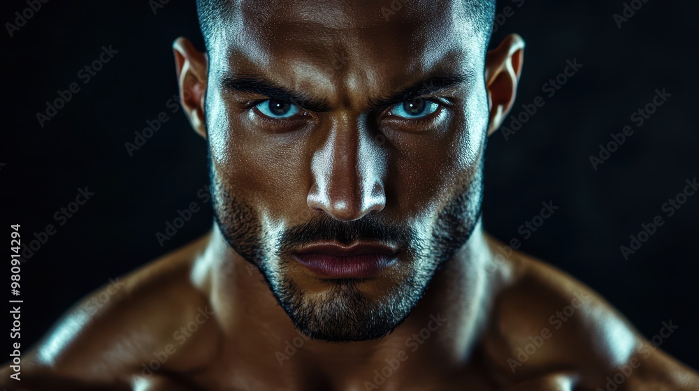 A hyper-realistic close-up portrait of a bodybuilder, intense gaze, bulging muscles, facing the camera directly A hyper-realistic close-up portrait of a bodybuilder, intense gaze, bulging muscles, facing the camera directly