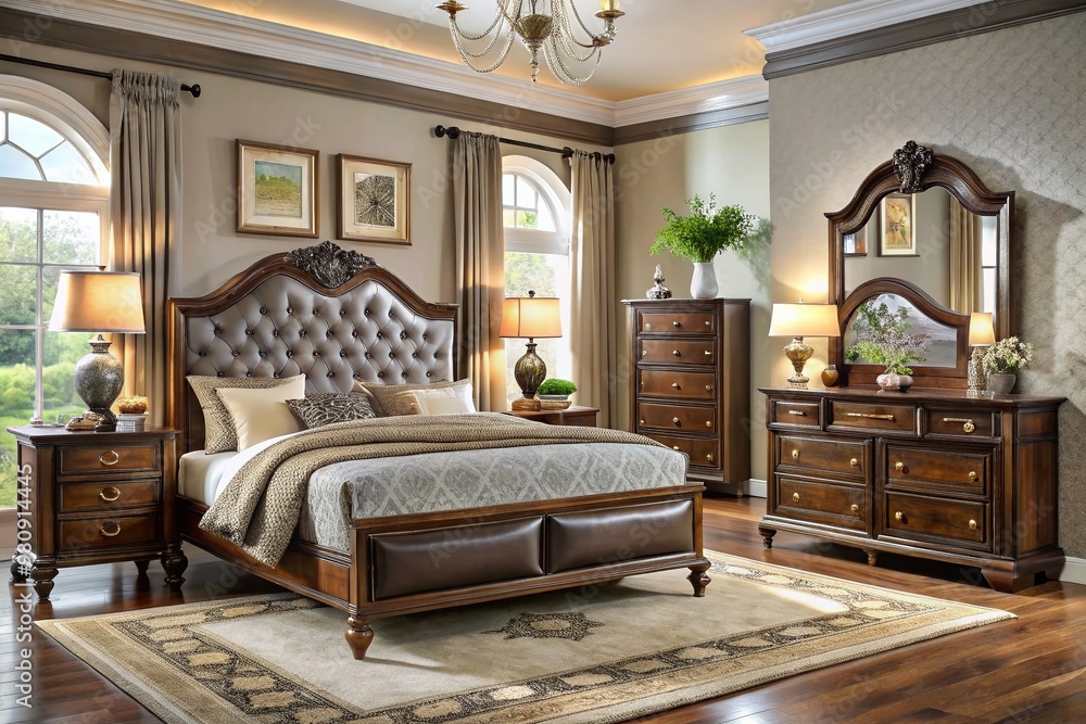 Luxurious queen-size bedroom set with a sturdy wooden frame, upholstered headboard, and matching nightstands, Luxurious queen-size bedroom set with a sturdy wooden frame, upholstered headboard, and matching nightstands,