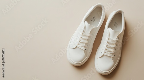 Trendy sneakers on a neutral background with ample room for branding text