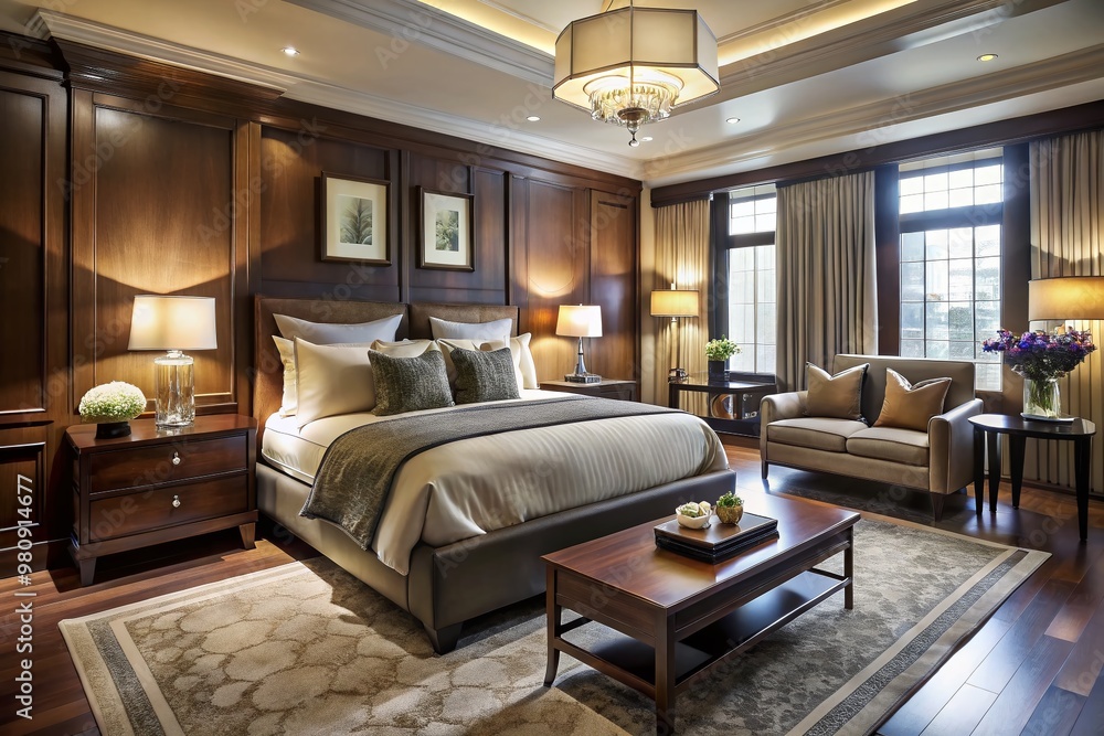 Luxurious suite featuring sleek, dark-wood furniture, plush bedding, and sophisticated decor, evoking classic Luxurious suite featuring sleek, dark-wood furniture, plush bedding, and sophisticated decor, evoking classic