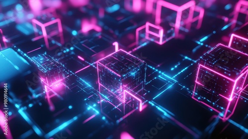 Abstract representation of blockchain technology, with glowing cubes connected by neon lines, floating in a digital matrix, 3D illustration.