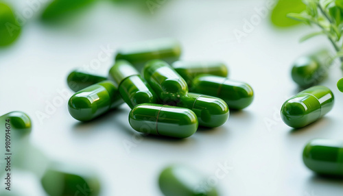 Green herbal medicine capsule on white background 