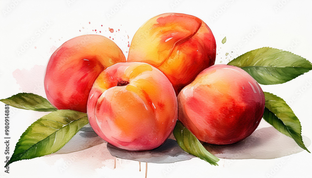 Vibrant watercolor painting of fresh peaches isolated on white. Tasty and healthy fruit. Vibrant watercolor painting of fresh peaches isolated on white. Tasty and healthy fruit.