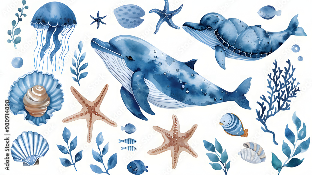 sea animals composition. Blue watercolor ocean fish, turtle, whale and coral. Shell aquarium mermaid submarine. Nautical dolphin marine illustration, jellyfish, starfish sea animals composition. Blue watercolor ocean fish, turtle, whale and coral. Shell aquarium mermaid submarine. Nautical dolphin marine illustration, jellyfish, starfish