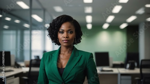 adult black hair african woman in green formal attire model portrait looking confident on an office background for ad concept space for text