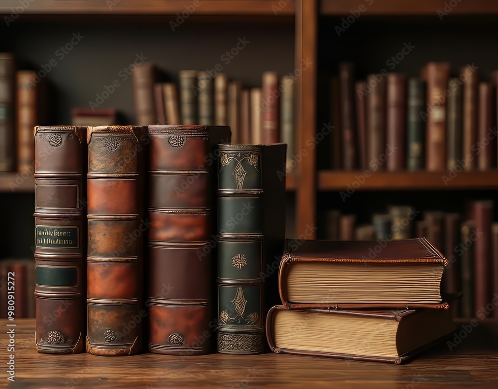 Naklejka premium Antique Binders: A Timeless Collection of Leather-Bound Volumes