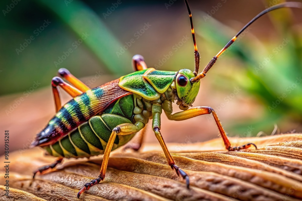 Macro close-up of a spricket bug's intricately patterned body, showcasing its vibrant green and brown coloration, Macro close-up of a spricket bug's intricately patterned body, showcasing its vibrant green and brown coloration,