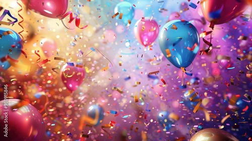 The celebration background showcases an explosion of color with confetti, balloons, and streamers