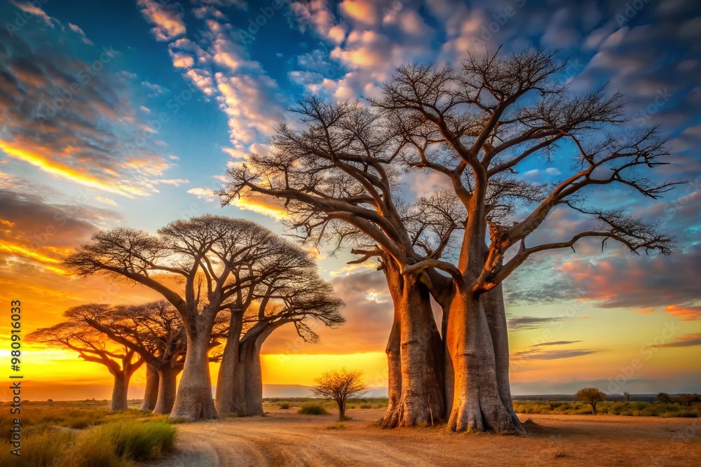 Majestic ancient baobab trees stand tall in the African savannah, their unique twisted trunks and branches stretching Majestic ancient baobab trees stand tall in the African savannah, their unique twisted trunks and branches stretching