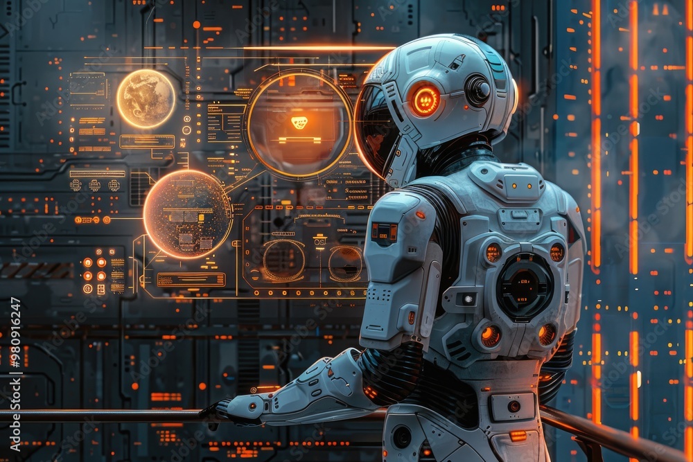 Futuristic Cyborg Interacting with High-Tech Holographic Interface in Sci-Fi Environment Futuristic Cyborg Interacting with High-Tech Holographic Interface in Sci-Fi Environment