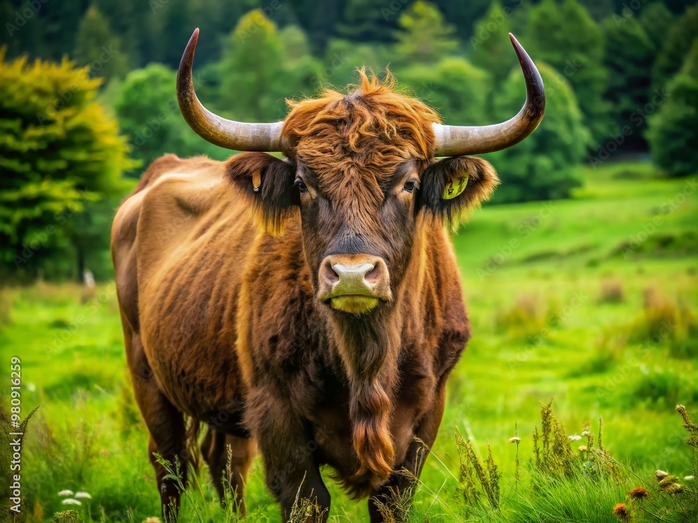 Majestic aurochs, an ancient ancestor of domesticated cattle, stands proudly in a lush green meadow, its distinctive Majestic aurochs, an ancient ancestor of domesticated cattle, stands proudly in a lush green meadow, its distinctive