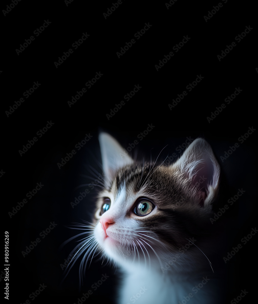portrait of a stray baby cat looking up, isolated on black background; copy space portrait of a stray baby cat looking up, isolated on black background; copy space