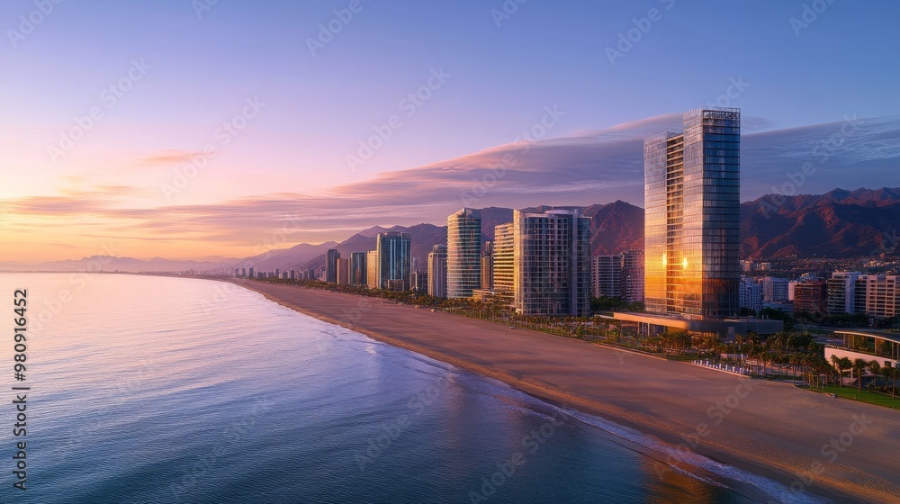 Sunrise Over Coastal City with Skyscrapers and Mountain Range Sunrise Over Coastal City with Skyscrapers and Mountain Range