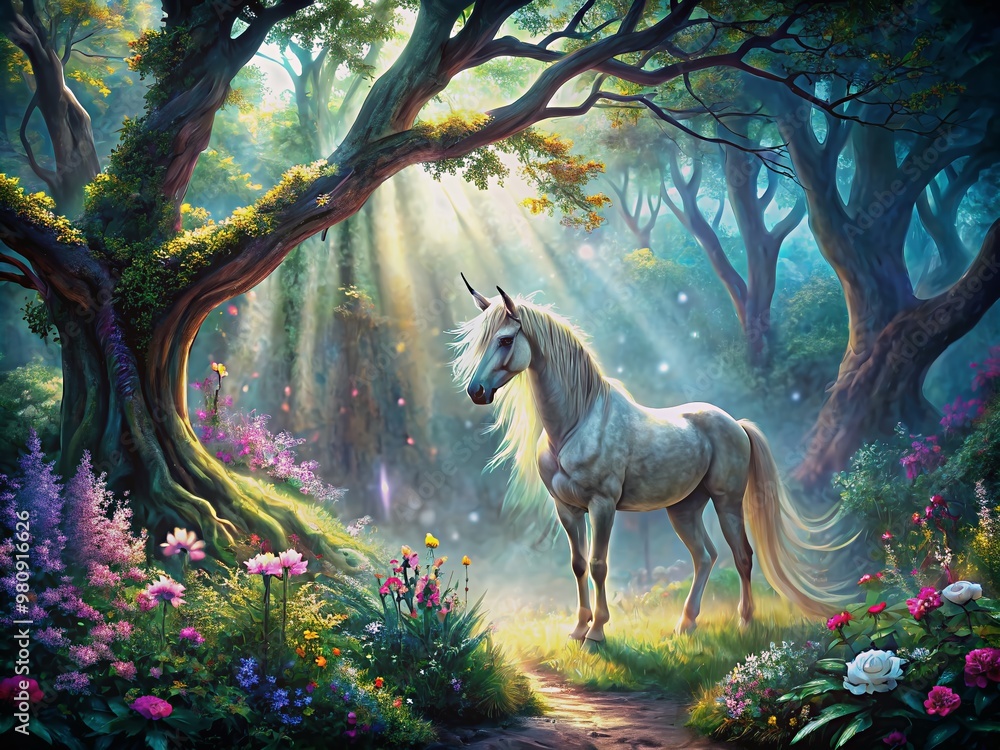 A majestic unicorn grazes peacefully amidst misty, iridescent flowers and gnarled ancient trees, radiating ethereal magic in a whimsical, dreamlike forest landscape. A majestic unicorn grazes peacefully amidst misty, iridescent flowers and gnarled ancient trees, radiating ethereal magic in a whimsical, dreamlike forest landscape.