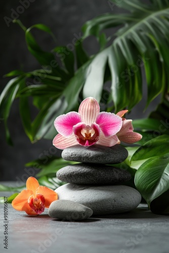  Rare exotic flowers with intricate details are delicately arranged in a serene zen garden
