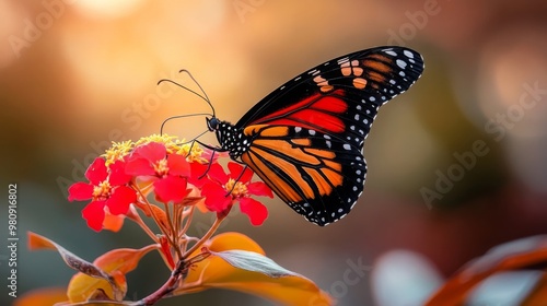 Monarch Butterfly on Red Flower with Sunlit Background