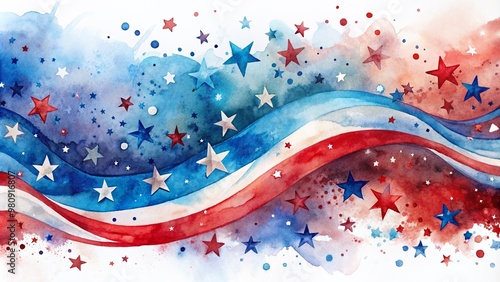 Vibrant watercolor banner featuring a swirling mix of red, white, and blue hues, adorned with shimmering stars, evoking feelings of patriotism and national pride. photo