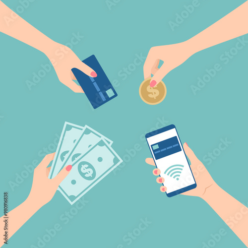 Payment methods. Female hands holding card, banknotes, coin and smartphone with contactless payment. Flat vector illustration