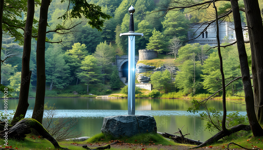 Excalibur the famous sword in the stone of king Arthur in the forest ...