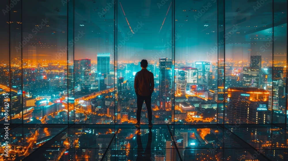 Businessman standing at transparent glass floor on rooftop with night Smart city panoramic view. Business success with smart technology concept Businessman standing at transparent glass floor on rooftop with night Smart city panoramic view. Business success with smart technology concept