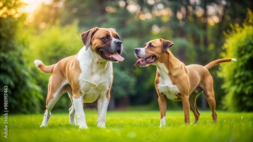 A boxer and a labrador, two playful mixed breed dogs, engage in joyful play on a lush green