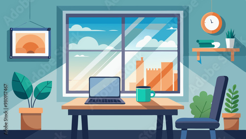 Cozy workspace with a wooden table, laptop and plants, located in front of a large window overlooking city buildings.