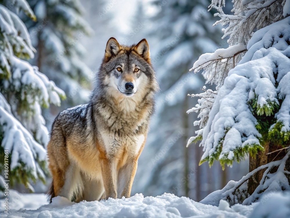 Obraz premium Majestic gray wolf stands alert in a snowy forest, its piercing yellow eyes fixed on the distance, surrounded