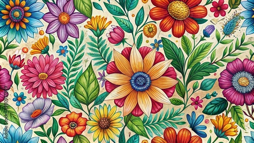 Vibrant hand-drawn flowers and leaves burst forth in a whimsical abstract art pattern, evoking a nostalgic vintage charm perfect for springtime print designs and decorations.