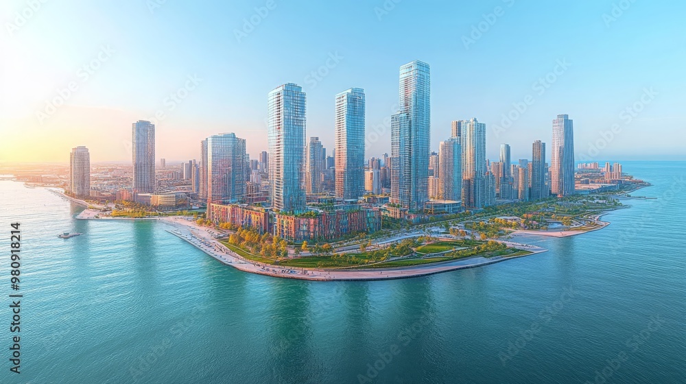 Fototapeta premium Modern Skyscrapers on a Peninsula with Water and Blue Sky