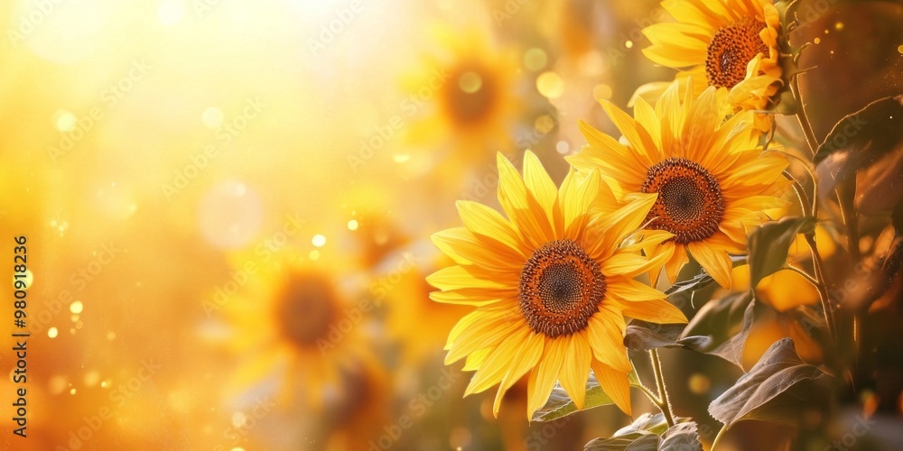 Fototapeta premium A vibrant field of sunflowers in the warm sunlight. The image captures the beauty and brightness of nature. Perfect for nature lovers and floral enthusiasts. AI