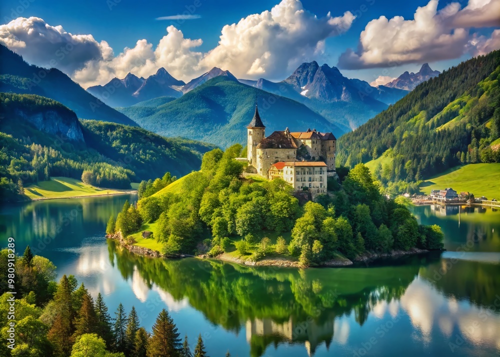 Fototapeta premium Majestic medieval castle stands proudly atop a lush green hill, surrounded by a serene lake and majestic mountains