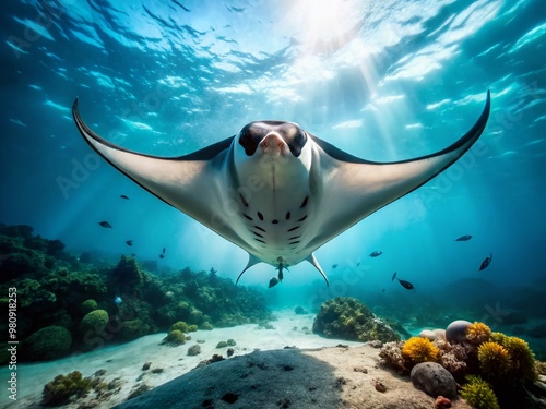 Majestic manta ray swims close to the ocean floor, its vast wingspan and gentle eyes a striking contrast photo