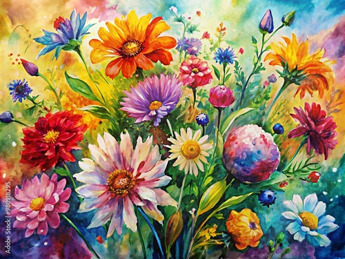 Vibrant blooming flowers burst forth in a fluid abstract expressionism of colorful floral inspirational tenderness, rendered in expressive watercolor paint textures with loose, playful strokes.