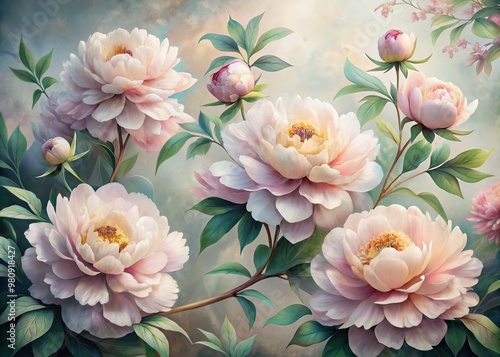 Delicate, lush peony blooms in soft pastel hues float amidst intricately illustrated foliage, evoking timeless elegance and romantic charm in this beautiful vector floral design.