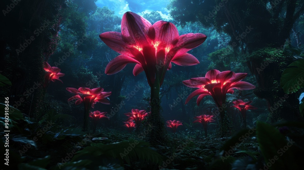 Naklejka premium A dreamlike forest scene where giant, exotic flowers tower above the trees
