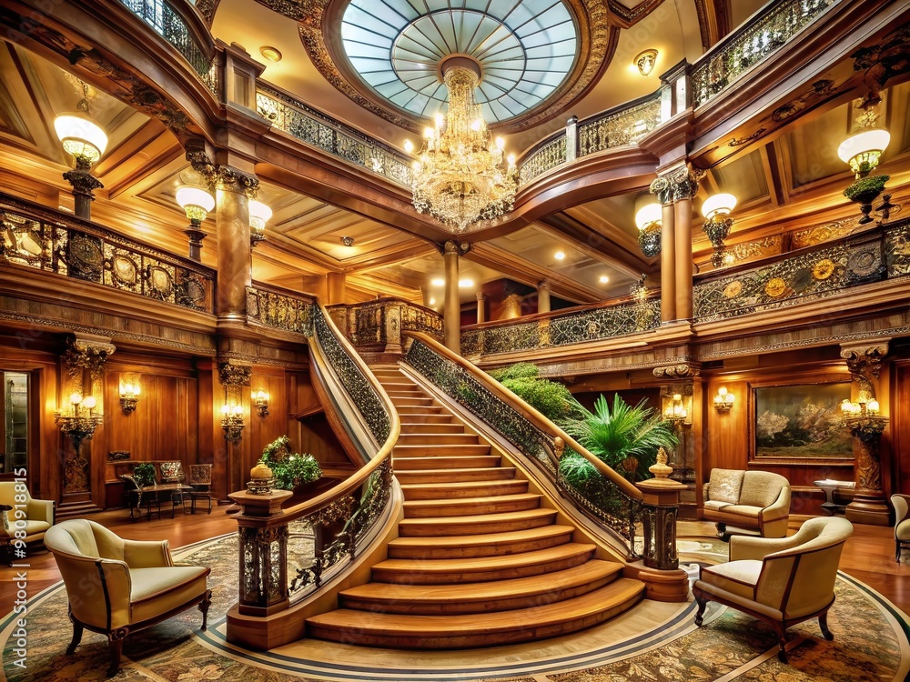 Fototapeta premium Majestic ocean liner with intricate grand staircase, ornate furnishings, and lavish decorations, evoking luxury and