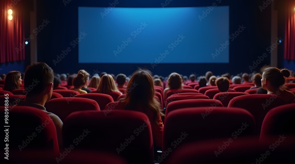 Obraz premium Captivated Audience Awaits the Silver Screen: A packed cinema awaits the start of a film, the anticipation palpable in the air. 
